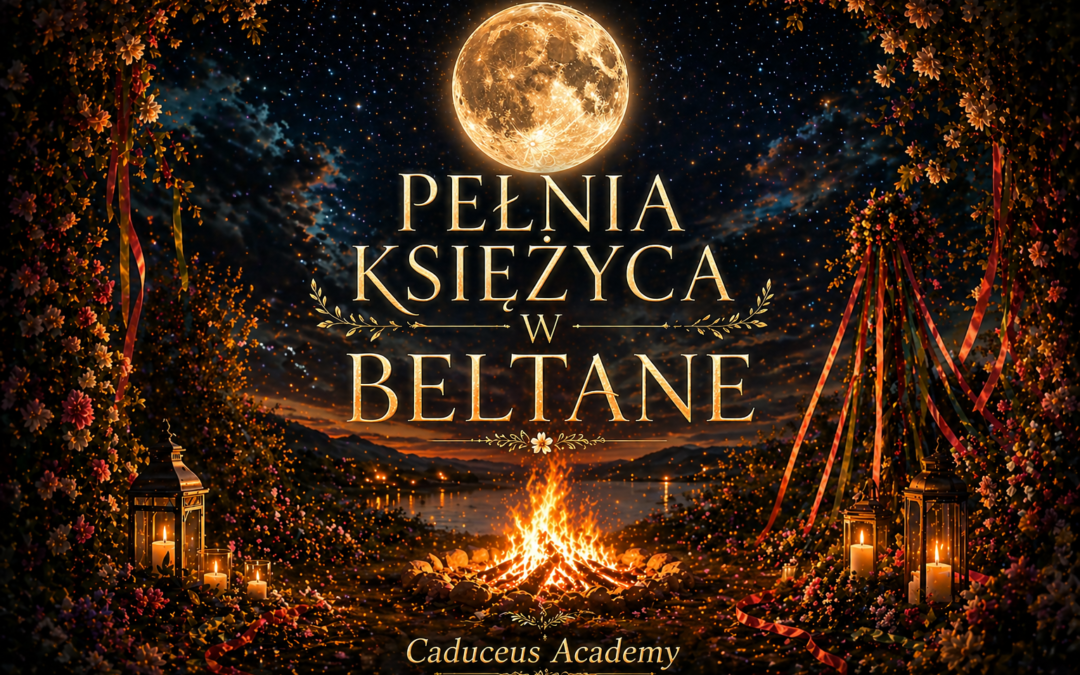 Festival poster announcing Beltane with a glowing full moon, a central bonfire, and ornate gold lettering: 'Pełnia Księżyca w Beltane' over a floral arch and night lake backdrop.