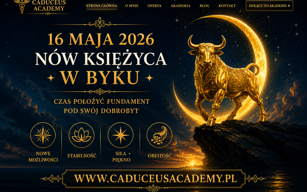 Golden bull statue near a glowing crescent moon on a dark starry backdrop, with Polish event text and a website link at the bottom.