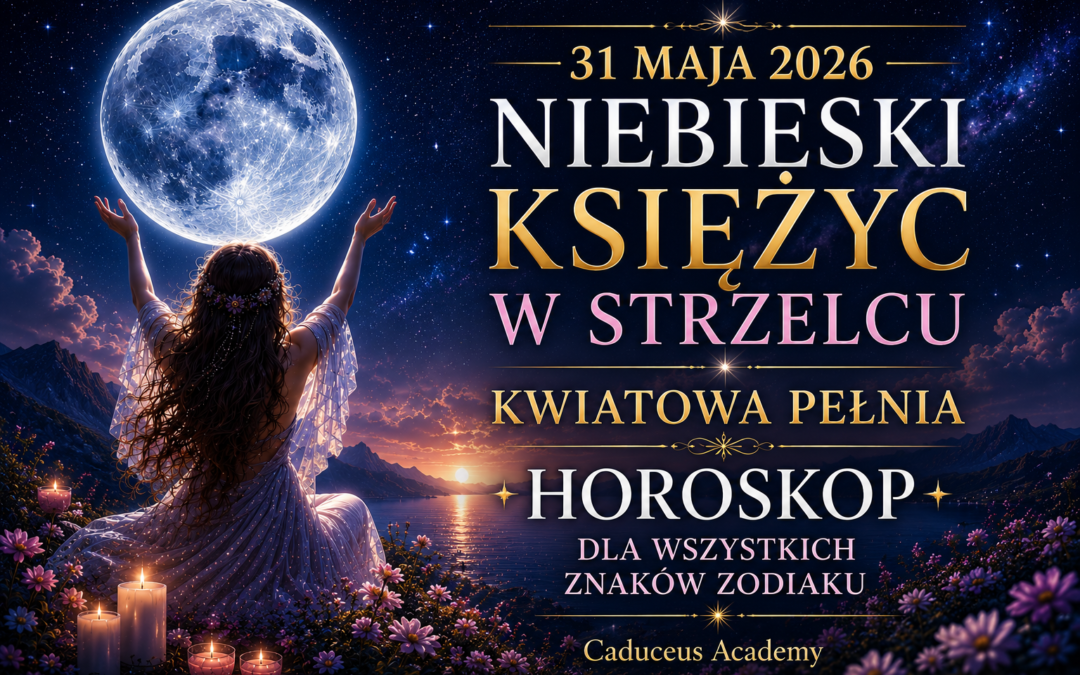 Poster advertising a lunar-themed zodiac horoscopes event: a woman with raised arms reaches toward a glowing blue moon over a lakeside nightscape with candles and flowers.