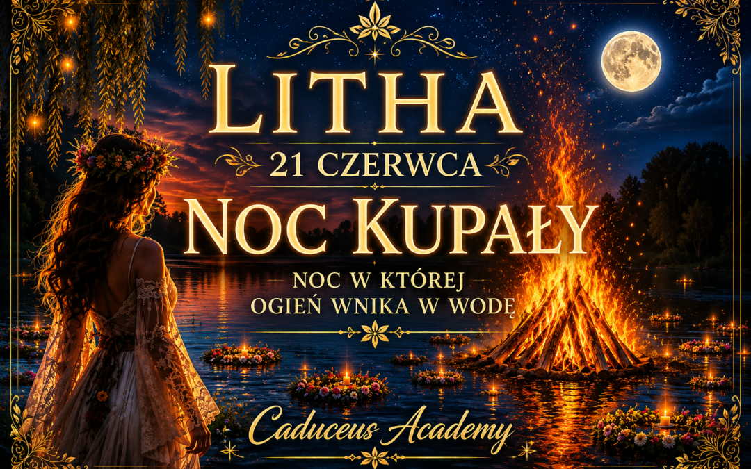 Festival poster for Litha: Noc Kupały, featuring a woman in a lace dress and flower crown beside a large bonfire on a lake at night, with gold decorative borders and a full moon.