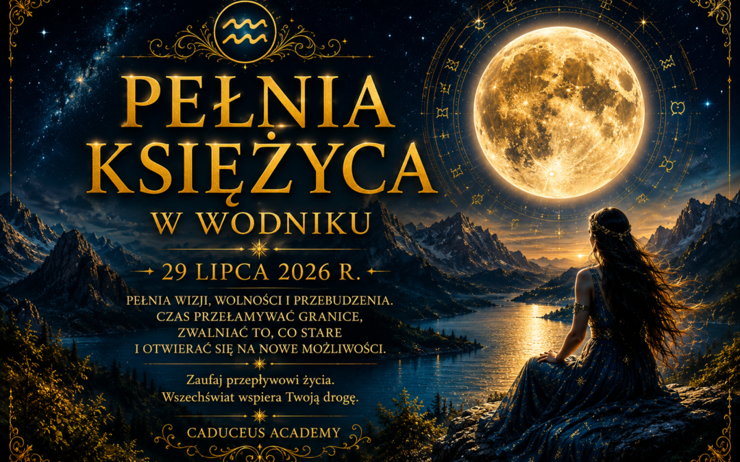 Poster for 'Pełnia księżyca w wodniku' with a golden full moon, ornate borders, and a woman in a blue dress seated on rocks by a starry lake.